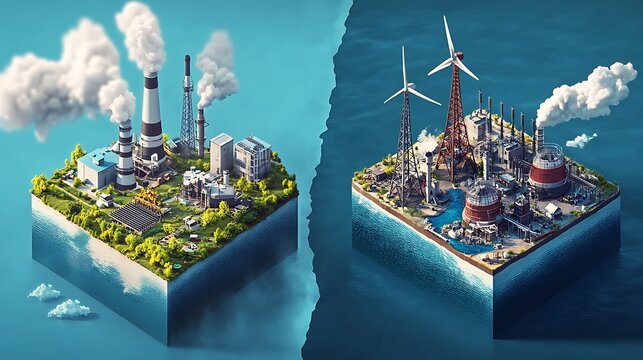 A comparison of a modern power grid incorporating renewable energy and an outdated grid relying solely on fossil fuels. 