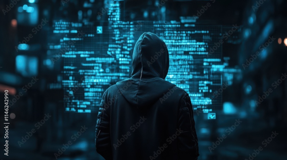 Poster cybercrime, hacking and technology crime concept. back view hacker in dark room with digital blockch