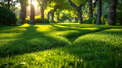 A serene park scene with lush green grass and sunlight filtering through trees.