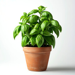 Lush basil plant in terracotta pot.