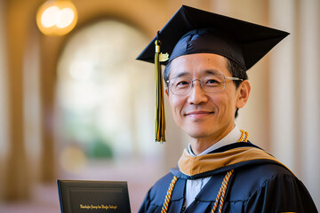 A proud mid-aged East Asian male graduate in a cap and gown smiles while holding a diploma, capturing a moment of achievement and celebration in a warm and inviting setting