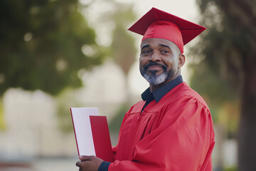 A proud mid-aged mixed-race male graduate wearing a red gown and cap smiles while holding a diploma in a sunny outdoor setting surrounded by greenery