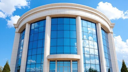 Fototapeta premium Modern office building with a curved glass facade and stone pillars under a blue sky.