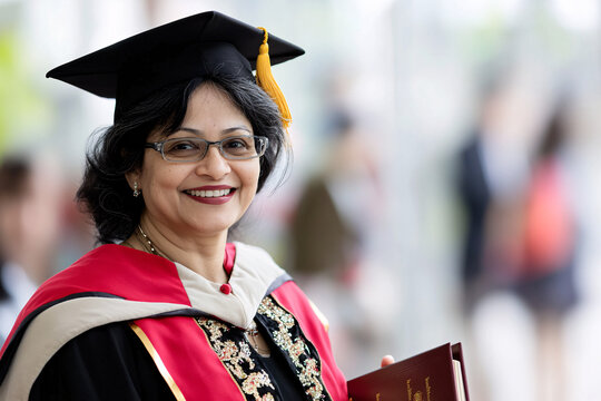 A minimalistic portrait of a mid-aged South Asian woman in graduation attire, smiling proudly while holding her diploma in a festive atmosphere