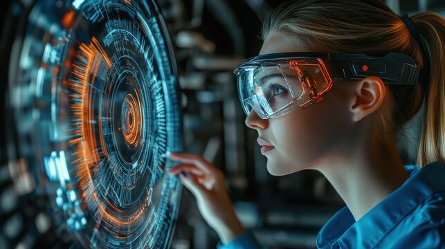 Engine hologram inspection woman analyse holographic image in digital glasses. Closeup futuristic automobile industry specialist checking turbine project designing motor. High tech engineering concep - Powered by Adobe