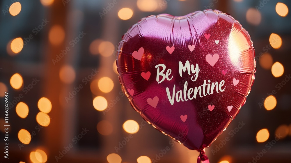 Poster a shiny pink balloon displays the message be my valentine, surrounded by soft, sparkling lights. thi