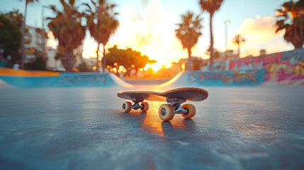 Skateboard on skatepark at sunset. Skateboarding concept