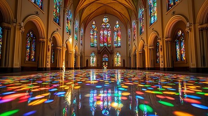 Obraz premium Colorful stained glass church interior with reflective floor.