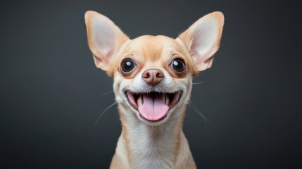 Happy Chihuahua dog portrait against gray background.