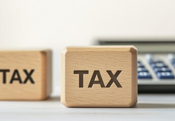 Wooden Blocks with Tax Letters and Calculator on Light Background