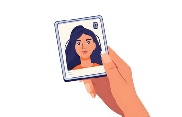 A hand holding up an identification card with the photo of a woman on it, a simple illustration with a white background, in a vector style. 