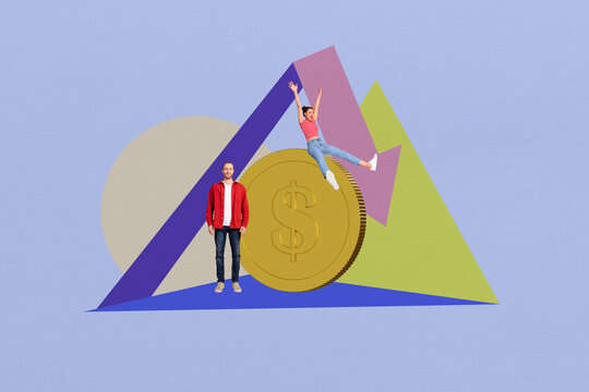 Composite trend artwork sketch image collage of arrow crisis down decrease loss money pile coins miniature young lady sit man stand team