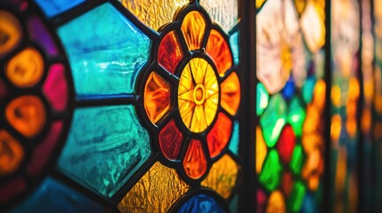 Colorful stained glass window close-up detail, showcasing vibrant hues and intricate floral design.