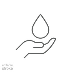 Save water icon. Simple outline style. Hand with water drop, hygiene, clean, energy, care, purity, sea, health, environment concept. Thin line symbol. Vector illustration isolated. Editable stroke.