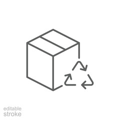 Recycled product packaging icon. Simple outline style. Recycle triangle, cardboard box, seal, cycle, packaging, environmental concept. Thin line symbol. Vector illustration isolated. Editable stroke.