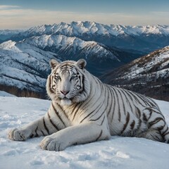 A white tiger lying on a snowy hill with distant blue mountains.