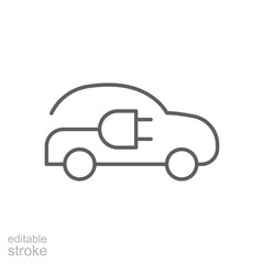 Electric car with plug icon. Simple outline style. EV car, green hybrid vehicles charging point, eco friendly vehicle concept. Thin line symbol. Vector illustration isolated. Editable stroke.