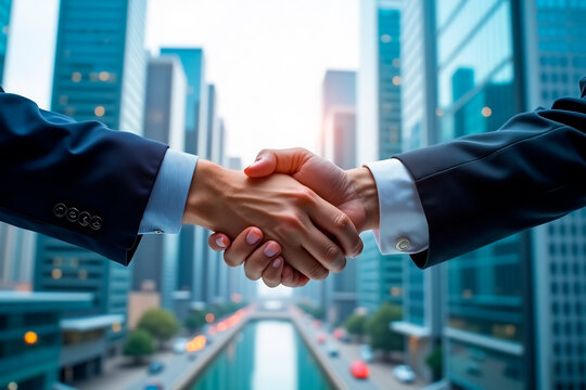 business handshake on the background of the city - Powered by Adobe