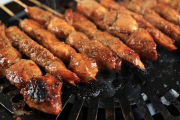 Close Up making Chicken Satay on Grill Pan