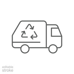Garbage truck icon. Simple outline style. Landfill, recycling, trash, container, garbage management, vehicle, transportation concept. Thin line symbol. Vector illustration isolated. Editable stroke.