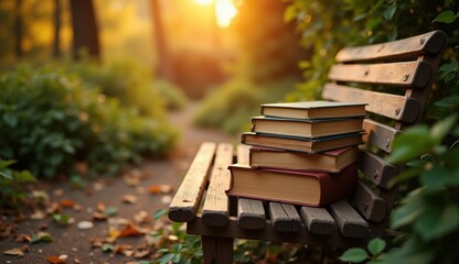 Stack of books resting on a wooden bench in a sunlit park surrounded by greenery