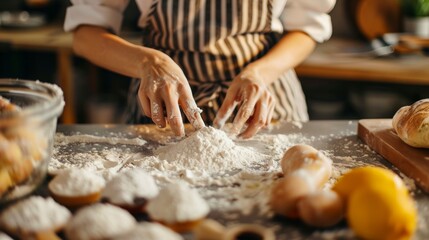 Hands kneading dough on a rustic kitchen counter with flour and eggs