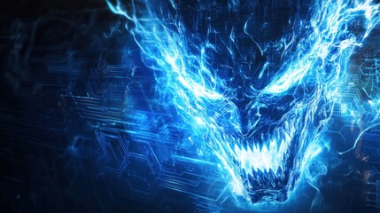 Fiery blue dragon head with circuit board background.