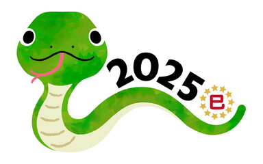 2025年　巳年　年賀素材　水彩風のかわいい緑のへび