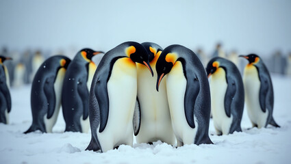 Obraz premium Emperor penguins bonding together in a snowy colony in Antarctica