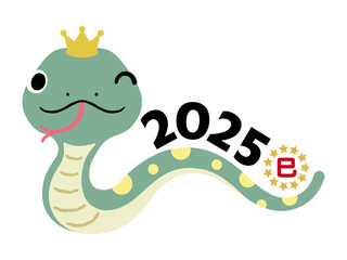 2025年　巳年　年賀素材　王冠をかぶった水玉模様の緑のへび