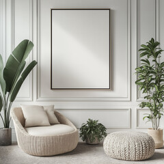 "Modern Interior Design with ISO A Poster Frame Mockup on Living Room Wall"