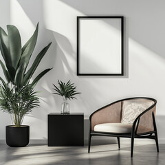 Black and White Modern Interior with Large Square Picture Frame