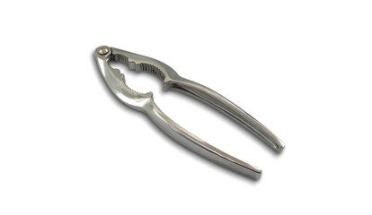 Photo of a modern stainless steel nutcracker, elegantly designed for effortless nut cracking, surrounded by whole walnuts, isolated on white background.