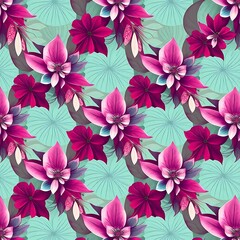 Tropical Floral Seamless Pattern: An enchanting pattern featuring lush pink and crimson flowers amidst a vibrant turquoise background, perfect for adding a touch of tropical elegance to your designs.