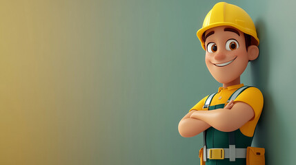 a cartoon worker wearing safety clothes, arms crossed on the side of a wall with space for text on a blank background