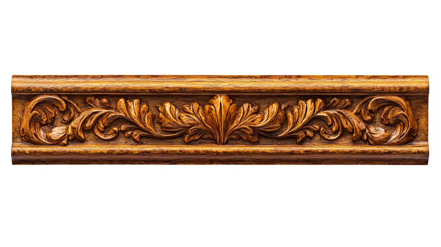 Ornate Wooden Carving, Decorative Molding, Brown Wood, Intricate Design, Floral Pattern, Classic Sty