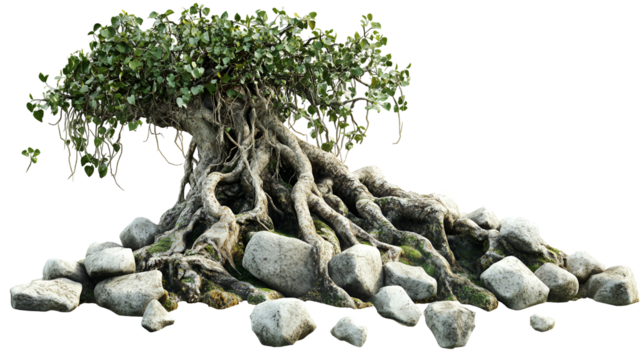 Ancient Tree Roots, Rocks, Moss, Nature, Stone, Green Leaves, Botany, Environment, 3D Render, Fantas