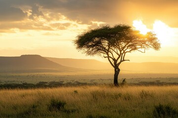 Obraz premium A solitary tree in a vast field bathed in golden light at sunset