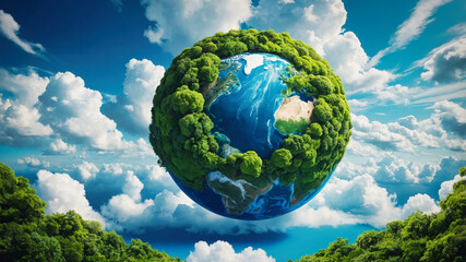 Earth planet with trees and water on it, surrounded by fluffy clouds. Environment and clean planet...