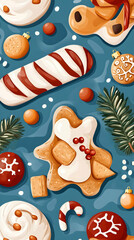 Festive sweets layout on a blue surface, some with white frosting and red berries, fir sprigs; background for seasonal card/web.