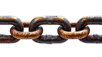 Obraz premium Rusty chain links close-up on white.