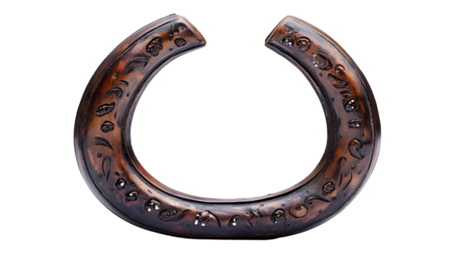 Ornate Dark Brown Clay Horseshoe Charm Decorated with Intricate Floral Patterns