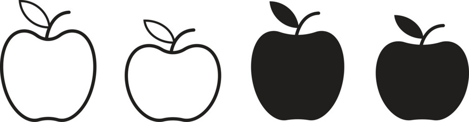 Three stylized apple icons. Simple apple icon and one outlined in black. Editable and scalable.