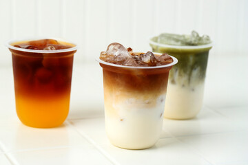 Three Various Coffee, Cold Milk Coffee, Matcha Espresso, Orange Espresso.