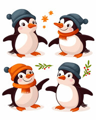 Fototapeta premium Four Cute Cartoon Penguins Winter Holiday Design Elements.