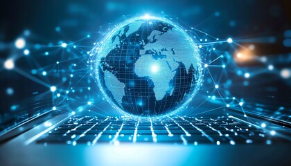 Concept of global communication with a globe connected by lines and glowing dots, representing the future of digital networking and data sharing
