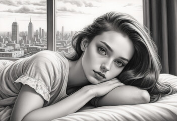black and white pencil drawing of a woman, she is lying on a bed, behind her is a window overlooking a big city