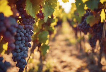 Fototapeta premium Vineyard with ripe grapes in countryside at sunset