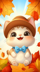 Obraz premium Happy Autumn Cat in Leaves, Fall Mobile Wallpaper.