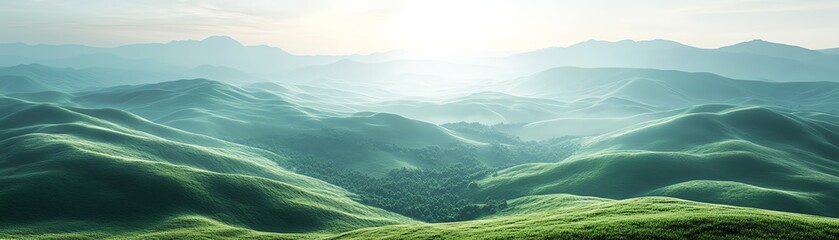 Naklejka premium Futuristic digital world concept with lush green pastures and hills, representing the harmony between nature and advanced technology